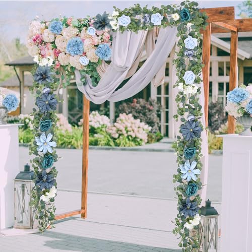Waipfaru 8.85Ft Flower Garland, Eucalyptus Greenery Garland with Flowers, Rose Floral Vines for Wedding Table Runner Spring Summer Backdrop Decor (Dusty Blue) - color: Dusty Blue-8.85ft, size: 1 Pack