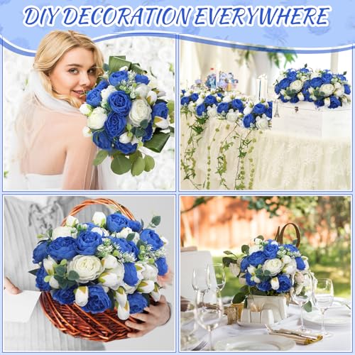 Yunsailing 8 Pack Artificial Peony Flowers Faux Silk Hydrangea Bouquet Wedding Home Table Decor Reusable Bouquet of Rose Flower for Birthday Wedding(Royal Blue and White) - color: Royal Blue and White, style: Peony