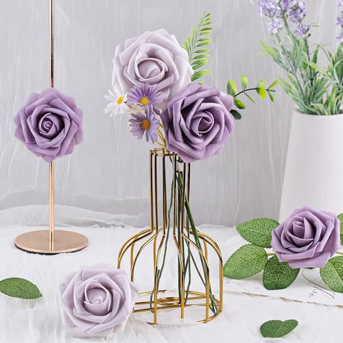 AmyHomie 25pcs Real Looking Artificial Pale Lavender Roses w/Stem for DIY Wedding Bouquets Centerpieces Arrangements Party Baby Shower Valentines Day Christmas Tree Decorations - color: Pale Lavender & Dusty Violet