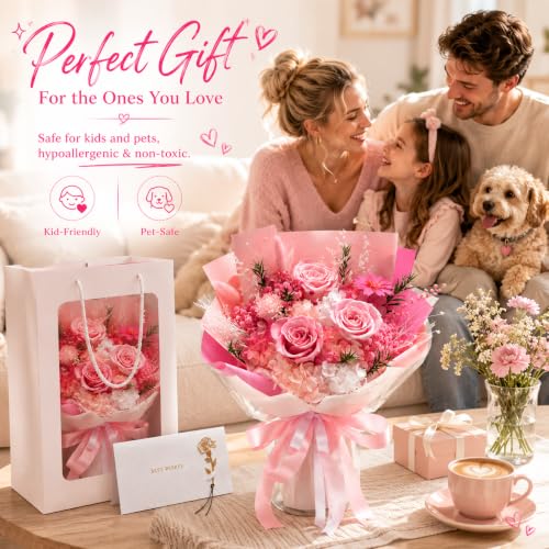 Preserved Pink Rose Bouquet, 100% Real Flowers for Women Mother Wife, Long-Lasting Eternal Roses with Gift Box, Forever Flowers for Anniversary Birthday Mother's Day, Lasts 3-5 Years - color: Soft Pink