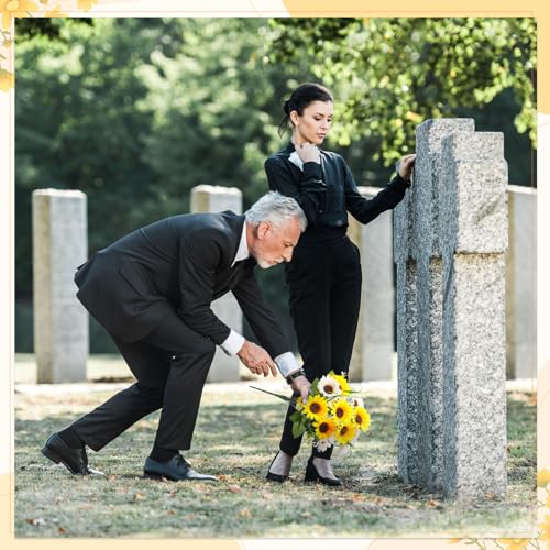 Giegxin 4 Bundles Fathers Day Sunflower Cemetery Flowers for Grave Vase Artificial Memorial Flower Bouquet Fake Silk Floral Arrangement for Dad Headstone Gravesite (Sunflower)