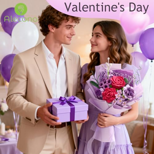 Alecono Crochet Flower Bouquet, Purple and Hot Pink Knitted Flowers, Crochet Roses Flower for Valentine Day Lover Anniversary Birthday Mother's Day Graduation Gifts (with Card) - color: Purple, Hot Pink, size: Large