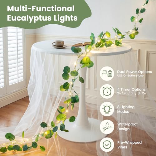 HEYFUNi Eucalyptus Vines with Lights & Remote, 13Ft 40 LED Fake Eucalyptus Garland Fairy Lights, USB & Battery Operated, 8 Modes Dimmable Timer for Bedroom Wall, Dorm Room, Wedding Decor, Warm White - color: Eucalyptus, size: 40 LED-USB & Battery