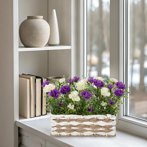 Artificial Rose Flowers with Woven Basket, Faux Roses in Fake Rattan Planter for Table Centerpiece, Romantic Floral Arrangement for Home Bathroom Office Desk Spring & Rustic Decor, Cream White Purple - color: Cream White & Purple