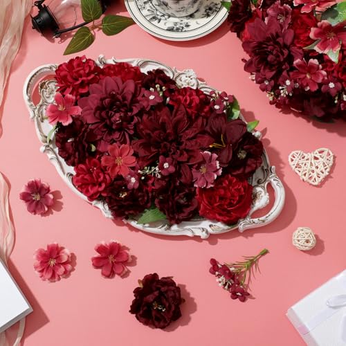 Janinka 100 Pcs Red Assorted Fake Flower Heads with Long Stem Mini Artificial Flower Bulk Mix Silk Faux Daisy for Crafts Fake Peony Rose for DIY Wedding Party Wreath Home Decoration - color: Red