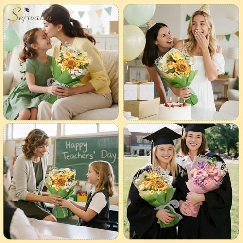 Serwalin Crochet Flower Bouquet,Yellow Knitted Flowers,Sunflower Crochet Flowers for Mother’s Day Wedding Anniversary Birthday Valentine Day Back-to-School or Graduation Ceremonies Gift (with Card) - color: Beautiful Sunflower