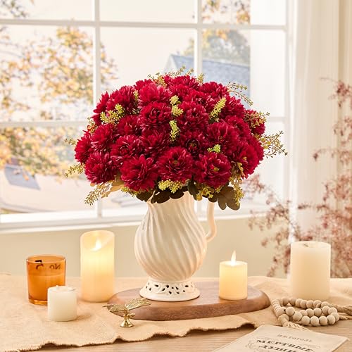 18 Heads Red Artificial Chrysanthemum Flowers Fake Mums Red Kiku Ball Flowers Bouquet Silk Chrysanthemums for Indoor Outdoor Table Centerpiece Vase Wedding Decoration, 2 Pcs - color: Red Chrysanthemum