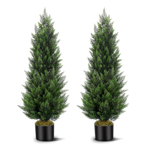 Vitalismo Artificial Topiary Cedar Trees 4FT Tall 2 Set, Outdoor Indoor Faux Pine Shrubs Plants, Realistic Fake Plants Front Porch Decor, Artificial Bushes Cypress for Home Front Door Offices - color: Cedar, size: 4ft