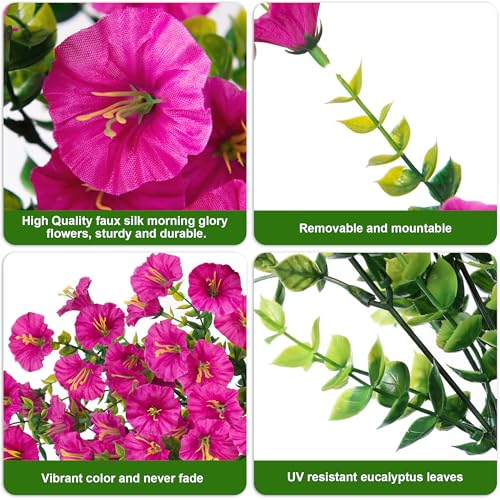 Artificial Faux Hanging Flowers Plant for Outdoor Decor,2 PCS Fake Silk Morning Glory with Eucalyptus UV Resistant Realistic Trailing Vine for Wall Home Porch Patio Balcony Yard Indoor Decor, Fuchsia - color: Fuchsia
