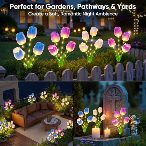 Solar Tulip Lights Outdoor: 3-Pack Solar Flower Garden Lights with Bendable Stems - IP65 Waterproof 800mAh for 12H Lighting - Auto On/Off Garden Decor - Gifts for Mom - Blue Purple White - color: Blue+Purple+White