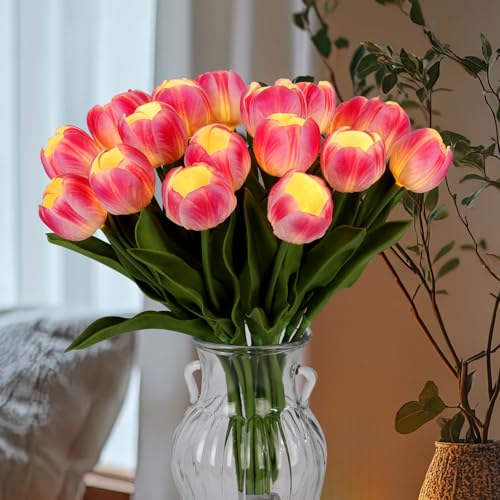 HOMESEASONS 20 Stems LED Lighted Artificial Flowers Tulip Lamp Real Touch Tulips Faux Flower Lights for Valentine's Day and Easter Home Kitchen Wedding Dining Table Decor(Hot Pink) - color: Hot Pink