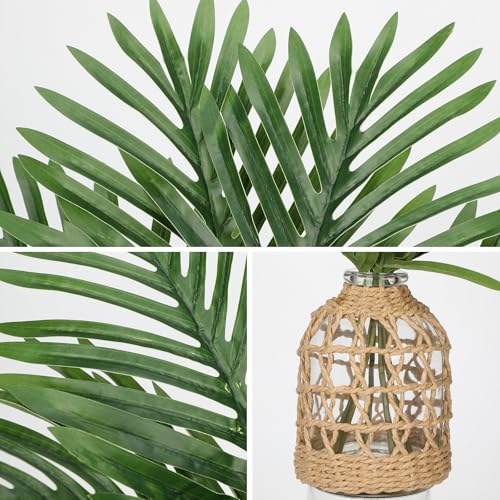Fake Plants 14.2" Faux Palm Plant in Glass Vase, Realistic Tropical Fake Palm House Plants Artificial Palm Leaves Greenery Stems for Home Bathroom Office Farmhouse Balcony Shelf Centerpiece Décor - color: Palm