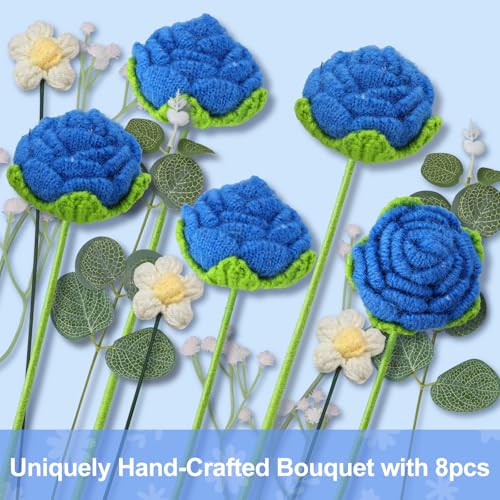 Foyucool Crochet Flowers Bouquet, Handmade Knitted Rose Bouquet with Gift Bag for Home Deocor, Crocheted Finished Flower for Wedding, Mother's Day, Teachers' Day and Valentine's Day, Blue - color: Blue