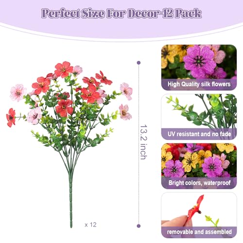 INXUGAO Artificial Fake Flowers Plants for Outdoor Spring Summer Decor, 12 Bundles Faux Silk Flowers for Outdoor Outside Planter Colorful Daisy UV Resistant Look Real for Front Door Porch Patio Yard - color: A-red Pink Purple Yellow