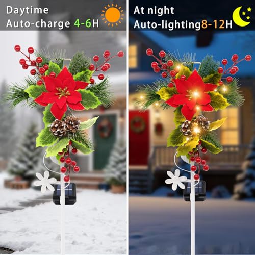 4 Pack Solar Christmas Decorations Outdoor, 32 Inch Solar Christmas Cross Stake Lights, Waterproof Grave Decorations with Poinsettia Flower Pinecones Red Berries for Garden Yard Patio Lawn Cemetery - color: Warm White, size: 4 Pack