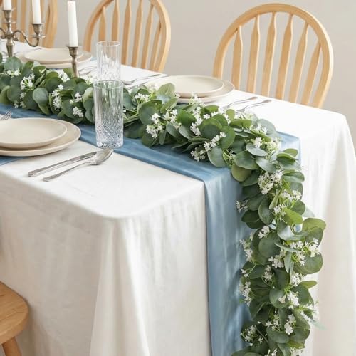 Thiccywoov 2 Pack Artificial Eucalyptus Garland 6.5 ft Each Faux Silver Dollar Leaves Greenery Artificial Vines with White Accents for Wedding Table Runner Home Mantle Outdoor Decor (Green White) - color: Green White