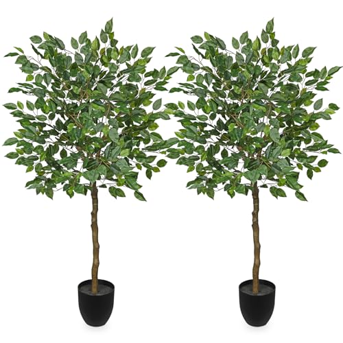 4Ft Ficus Tree Artificial Plants Indoor with Realistic Trunk, 2Pack Tall Fake Potted Tree Faux Floor Plant, Artificial Tree in Pot for Home Living Room Office Bedroom Corner Decor(Green) - color: Green, size: 4Ft -2pack