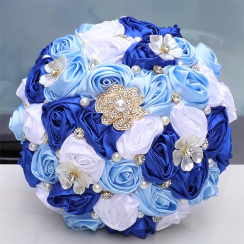 MaxxCloud 5.9‘’ Handmade Romantic Toss Bouquet for Bride Stunning Bridesmaid Brooch Wedding Bouquet with Jewelry Petals 2 Blue and White - color: 2 Blue+white, size: 5.9''/15cm