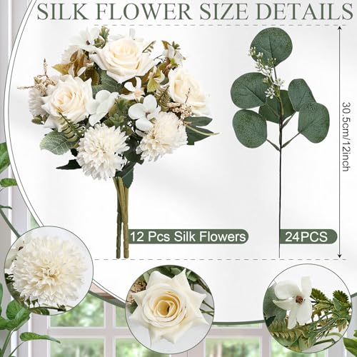 Artificial Peonies Flowers 12 Bundles Silk Chrysanthemum Flowers Fake Roses with Eucalyptus, Realistic Faux Mums for Vase Arrangement, Home Decor, Wedding Table Centerpiece - White - color: White