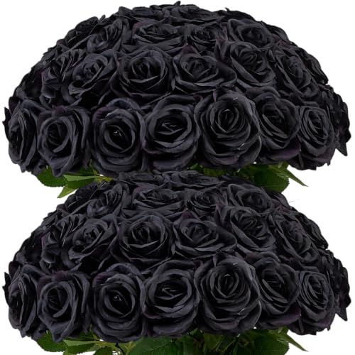 50pcs Black Roses Artificial Flowers Bulk Fake Roses Silk Flower with Stems Realistic Flowers for Wedding Centerpiece Party Birthday Decor - color: Black