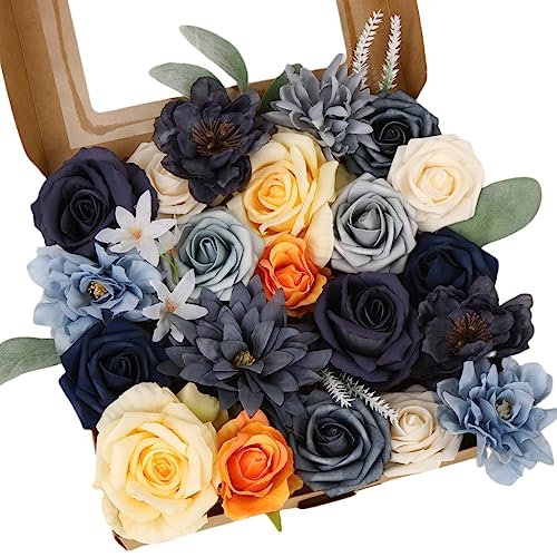 Navy Blue Artificial Flower Box, Silk Dahlia Rose Faux Flowers with Stems for DIY Wedding Bouquets Centerpieces Arrangements Table Decor Baby Shower Party - color: Adela Classic Navy Blue