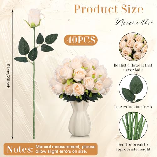 Hotop 40 Pcs Rose Artificial Flowers Bulk with Long Stem,Realistic Silk Fake Roses Bouquet for Home Wedding Centerpieces Party Table Decoration Valentines Gifts(Cream) - color: Cream