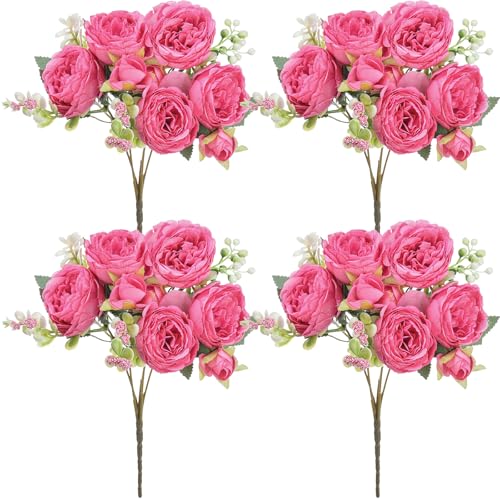 Crowye 4 Bundles Peonies Artificial Flowers Silk Faux Peonies Wedding Artificial Flower Bouquet for Table Centerpiece for Home Wedding Decor Bridal Floral Arrangement(Hot Pink) - color: Hot Pink