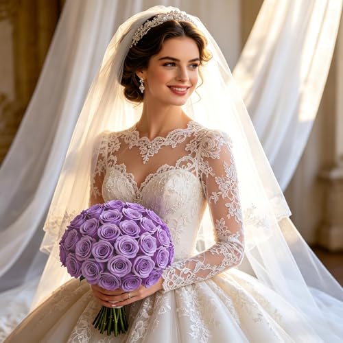 Rose Artificial Flowers Velvet Bouquet with Long Stem Real Touch Fake Roses Florals for Bridal Wedding Bouquet Party Arrangement Centerpiece Decorations (36, Light Purple) - color: Light Purple