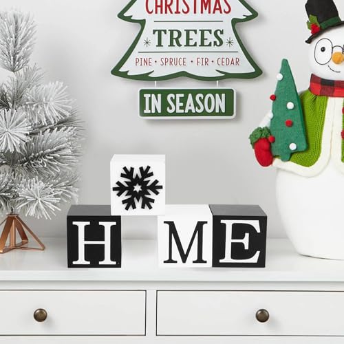 nuvagiki Christmas Winter Tiered Tray Decor, Home Sign Decor, Black and White Wooden Snowflakes Block Sign, Rustic Farmhouse Winter Living Room Table Decorations Wooden Home Indoor - color: Black