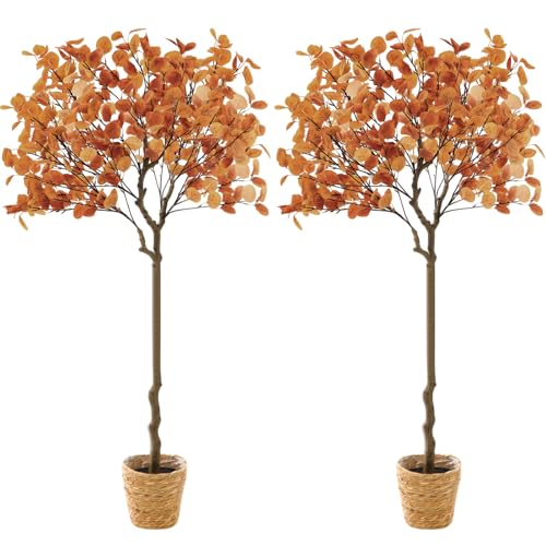 Giegxin 2 Pack 4ft Fall Artificial Eucalyptus Trees with Weaving Plant Baskets Faux Autumn Stem with Eucalyptus Leaves Artificial Fall Tree Decor for Porch Front Home Office - color: Orange, style: Eucalyptus Leaves