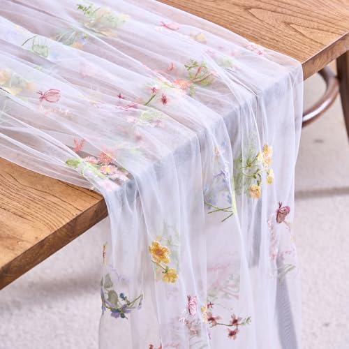 vctops 2 Packs Embroidery Lace Fall Table Runner 10ft Floral Garden Seasonal Tulle Table Runner Holiday Kitchen Dining Table Decoration for Wedding Party Baby Shower Birthday (White,30"x120") - color: White