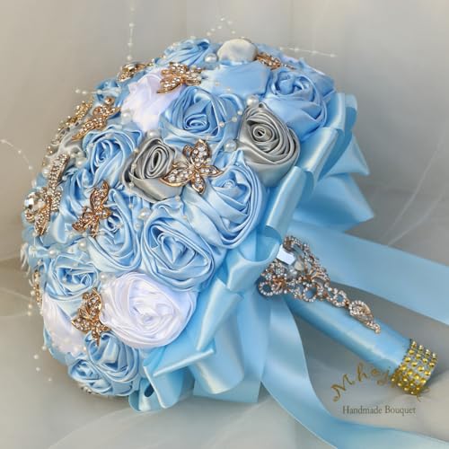 Handmade Wedding Flowers Bouquet Round Holding Bridal Bouquet Artificial Satin Roses Bunch for Bride Bridesmaid Wedding Quinceanera - color: Light Blue, Silver & White, size: Medium (Dia. 8.7"/22cm)