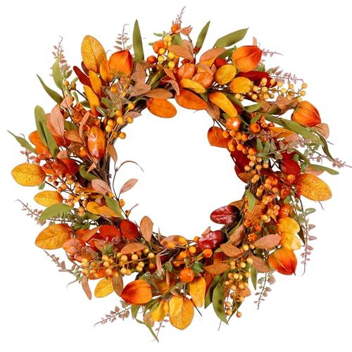 20" Fall Wreath Front Door Pumpkin Artificial Wall Decor Farmhouse Autumn Wreath Thanksgiving Home Porch Outdoor Indoor Holiday Harvest Decor - color: Beige, size: 20''