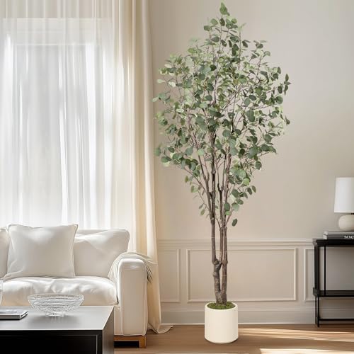 GarveeHome Artificial Eucalyptus Tree, 7 ft Tall Fake Artificial Plant with White Planter，Large Faux Floor Plant Fake Silk Trees Artificial Trees for Home Decor Indoor - size: 7ft