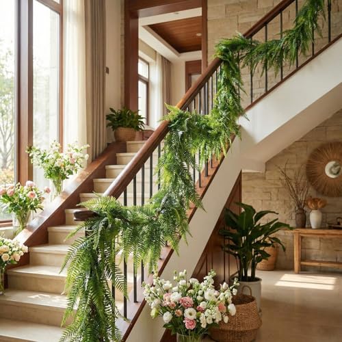 Yinder 4 Pack 6ft Artificial Greenery Garland Hanging Boston Fern Garlands Lifelike Leaf Green Fake Vines for Spring Summer Indoor Wall Mantel Home Decoration Wedding Arch Party Decor
