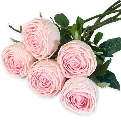 5Pcs Pink Real Touch Silk Flowers - Lifelike Roses Peony | Lifelike Pink roses & peonies with soft latex touch, no watering needed. Perfect for wedding bouquets, home decor & DIY - color: Pink