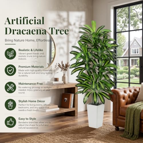 Artificial Dracaena Tree - 5FT Tall Fake Plants with White Tall Planter - Artificial Plants Indoor Floor Plant in Pot - Large Tropical Fake Yucca Potted Tree for Home Office Living Room Decor - color: White, size: 5 FT