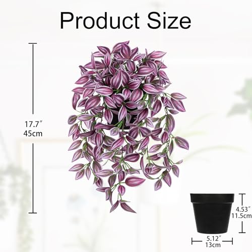 Briful Fake Hanging Plants 17.7" Faux Watermelon Peperomia Silk Plants with Black Pot Artificial Hanging Greenery for Home Garden Balcony Front Porch Outdoor Decor - color: Purple