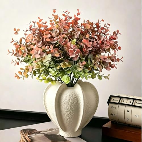 8 Bundles Multi Colored Artificial Eucalyptus Leaves, Plastic Plants, Outdoor Plants, Indoor Decorative Artificial Plants, Porch Window Frames, Green Plant Decorations (8, Grey Red) - color: Grey Red