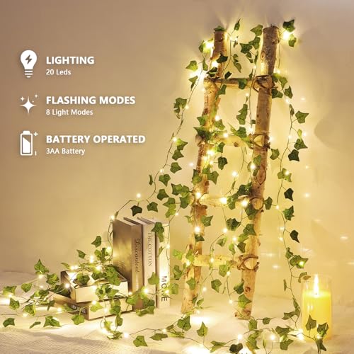 Vines with Lights Battery Operated, 6.56ft 20 LED Vines with Fairy Lights, Leaf Lights with 8 Modes, Fake Vines Ivy String Lights for Bedroom, Wall, Room, Garden, Party Decor, 8 Pack - color: Green Ivy, size: 8 PACK x 6.56 FT