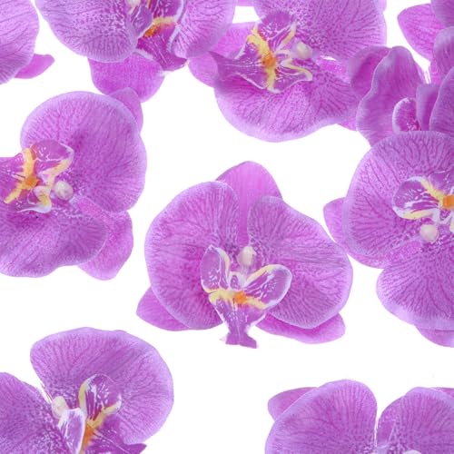 M METERXITY 20-Pack Artificial Orchid Flower Heads, Silk Faux Butterfly Flowers Head for Wedding/Bouquet/Bridal/Party Decor, Fake Phalaenopsis Petals Bulk [3.54 Inch, Dark Purple] - color: Dark Purple, size: 3.54 Inch