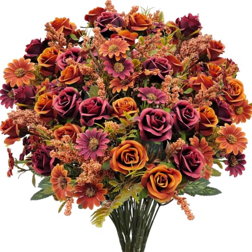 Fall Flowers Artificial for Decoration, 6 Bundles Fake Fall Flowers Faux Rose with Artificial Mums for Outdoors Front Porch Garden Patio Planter Home Table Centerpiece Fall Decor(Fall Red) - color: Fall Red