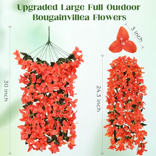 8 Pcs Artificial Flowers for Outdoors Decoration, Realistic Faux Silk Bougainvillea Flowers, Fake Hanging Plants for Porch Patio Balcony Decoration (Orange) - color: Orange, size: 8 Pcs