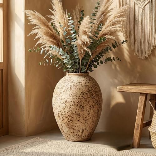 Ceramic Rustic Farmhouse Vase,Extra Large Terra Cotta Vase, Huge Pottery Decorative Flower Vases for Living Room Entryway Table Centerpiece Decor(14.5'' X 11'' x 11'') - color: Waist Line Honeycomb