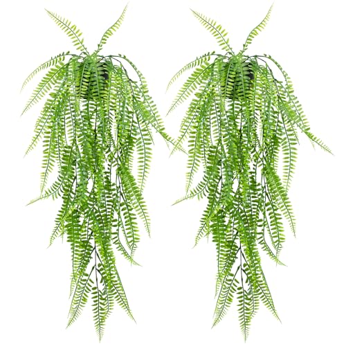 LOYWREE 2Pack Small Fake Hanging Plant with Pot, Artificial Potted Fern Plant, 28.7-in Long Faux Hanging Ferns Vine Plant for Shelf Home Office Indoor Outdoor Garden Greenery Decor (Black Pot) - color: Fern, size: 2Pack