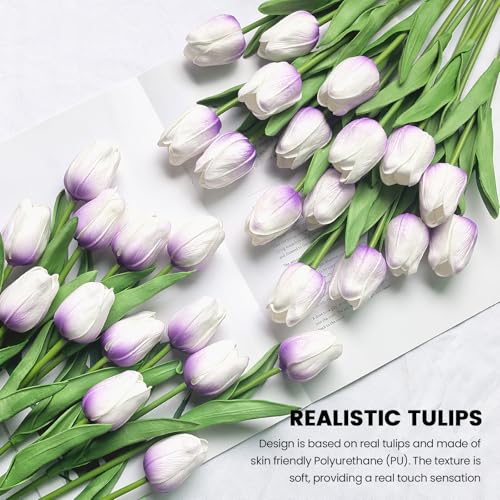 30 PCS Artificial Tulips Real Touch Tulips 13.5inch Long Stem Fake Flowers Silk Flowers for Spring Easter Mother's Day Decorations（Light Purple） - color: Light Purple