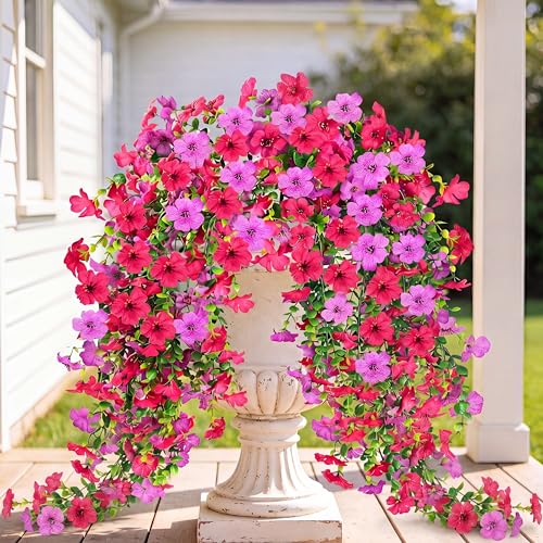 Artificial Fake Hanging Flowers Plants for Outdoor Outside Spring Summer Decoration 2PCS Faux Silk UV Resistant Realistic Mums Daisy with Eucalyptus for Home Porch Patio Balcony(Hot pink & Magenta) - color: Magenta & Hot Pink
