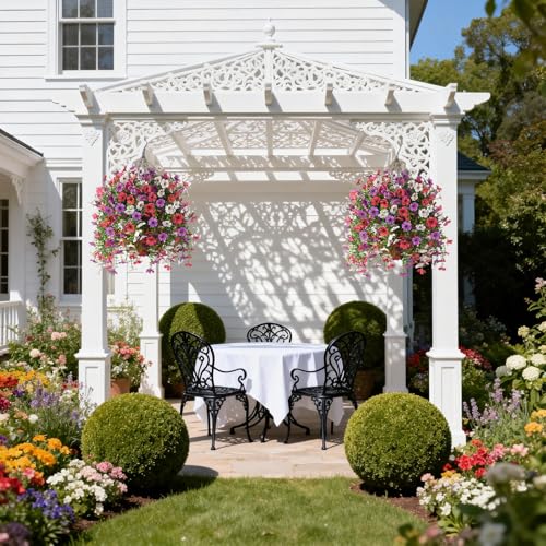 INQCMY 2Pcs Artificial Fake Hanging Flowers for Outdoors UV Resistant Artificial Plants for Spring Summer Decor Look Real Faux Flowers for Outside Home Planter Porch Patio Decor - color: Rose Purple White