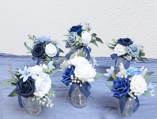 Marriwise Set of 6 Navy Blue Assorted Wedding Flower Centerpieces Pre-Made Mini Bridesmaid Bouquets Artificial Floral Rose Table Decor for Outdoor Beach Wedding Decorations Shower Home Decor - color: Navy Blue