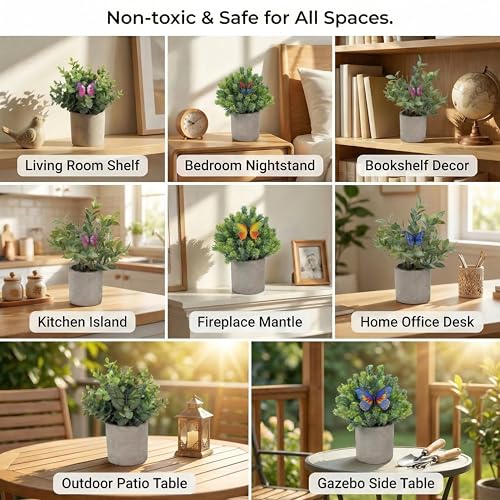 3 Pack Mini Artificial Potted Plants – Fake Eucalyptus, Boxwood & Rosemary with 6 Butterfly Stakes | Small Faux Plants for Shelf, Desk, Bathroom, Office & Farmhouse Home Decor